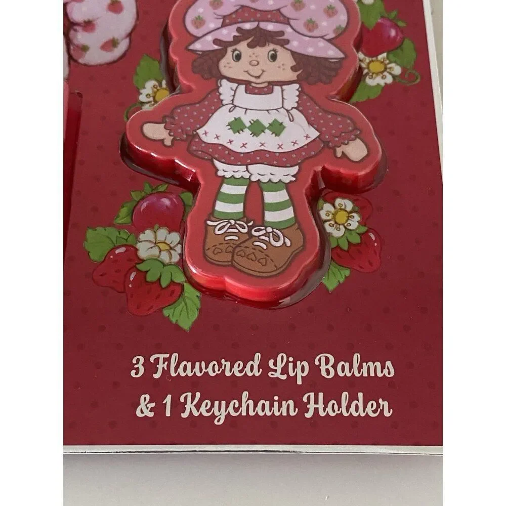 Set‎ Of 3 Strawberry Shortcake Flavored Lip Balms And Keychain Holder NEW